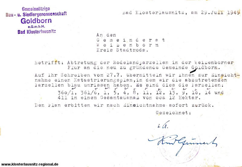 Schriftverkehr zum "Goldborn" vom 29.07.1949 